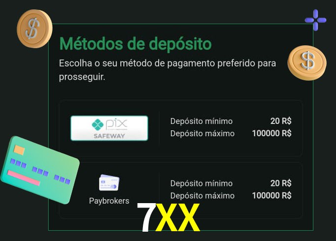 O cassino 7XX oferece uma grande variedade de métodos de pagamento
